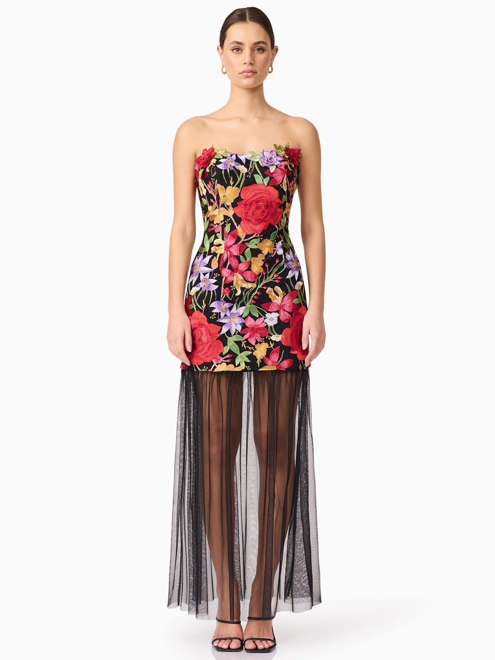Elliatt Talia Floral Embroidered Strapless Black Maxi Dress with Sheer Skirt XS